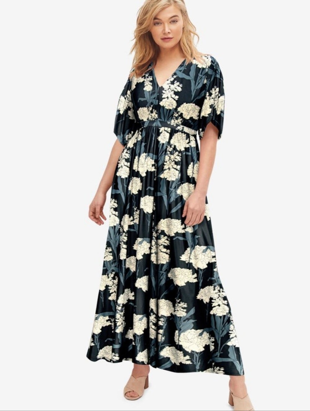 NWT ELLOS Stretch Knit Fit & Flare Elbow-Length Sleeve Tie-Back Maxi Dress 38/40